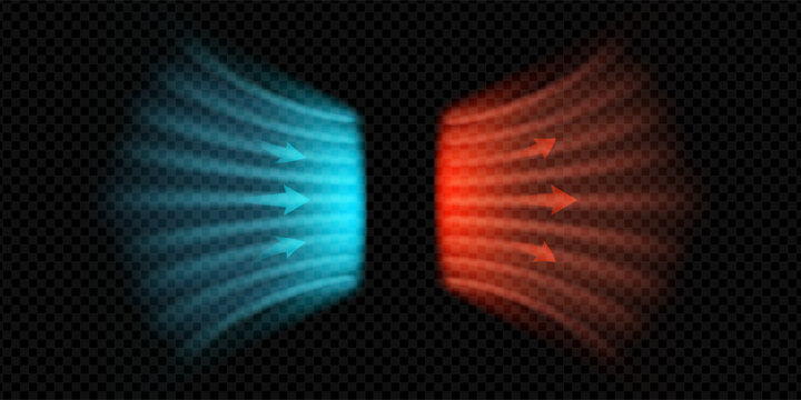 Clean air flow with cold and hot arrows. Blue red wave effect shows HVAC system in motion. Minimal vector style with temperature stream, breeze and purification concept. Transparent background.