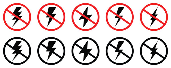 No Electricity and Lightning Prohibition Sign Icon Set – Power Outage and Antistatic Warning Symbols Vector Collection