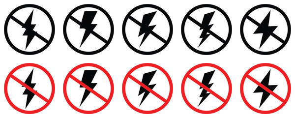 No Electricity and Lightning Prohibition Sign Icon Set – Power Outage and Antistatic Warning Symbols Vector Collection