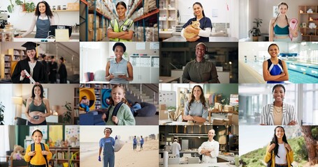 Collage, portrait and women with different careers, generation and kids with diversity. Montage, smile and confident female people with arms crossed for pride as worker, graduate and professional