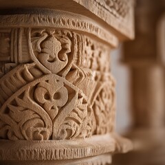 Intricate carvings adorn a sandstone column, showcasing detailed floral and geometric patterns. The texture and artistry are beautifully captured in this close-up shot.