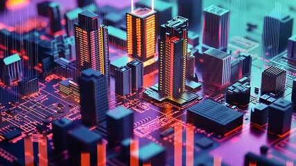 Futuristic cityscape with glowing skyscrapers and digital circuitry, showcasing advanced technology - Powered by Adobe