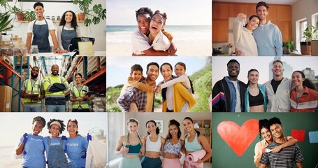 Unity, happy and portrait of people with collage for collaboration, bonding and solidarity. Smile,...