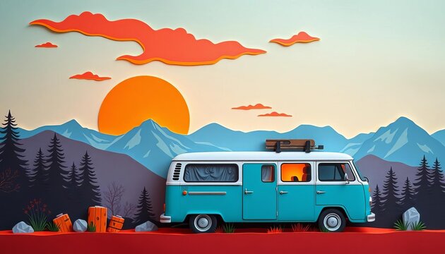 Paper cut campervan sunset mountain adventure, paper cut,  nature
