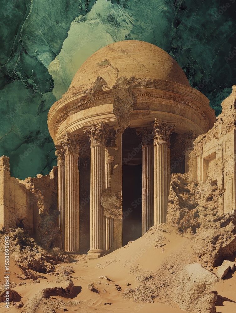 Poster ancient temple ruins with columns and dome surrounded by trees in a landscape.