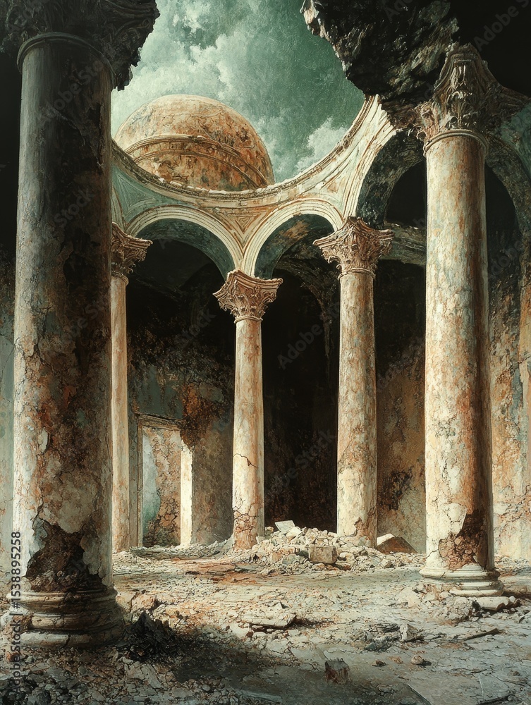 Poster interior view of a building with columns arches and weathered walls.