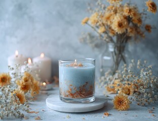 A lit, pale blue candle with dried flower petals in a clear glass jar sits on a marble coaster, surrounded by more dried flowers and other candles on a textured surface