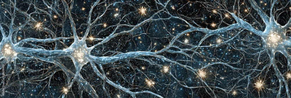 Poster Surreal Neural Network Branches Into Shimmering Stars Against a Cosmic Backdrop in an Ethereal Exploration of the Universe and Consciousness