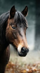 Obraz premium Majestic brown horse in a serene forest with soft light during early morning hours
