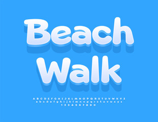 Vector Travel poster Beach Walk. Artistic White 3D Font. Decorative Alphabet Letters and Numbers set.