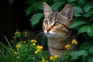 Tabby kitten amidst yellow flowers and lush greenery