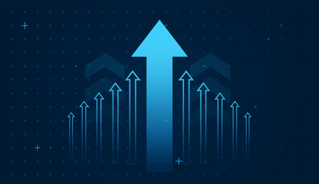 Dynamic up trend blue arrows on dark blue background with small dots on it. A bold, central blue arrow points upward, symbolizing strong growth, ambition, and future success