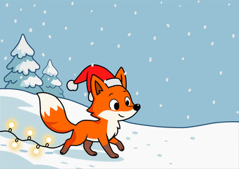 A cheerful fox pulls a glowing string of lights through a snowy winter landscape – a festive and funny background, perfect for a special Christmas card.