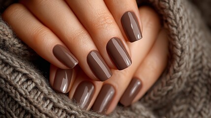 Beautifully manicured brown nails, highlighting elegant nail design, perfect for showcasing nail art trends and healthy nails, close-up of a hand with glossy finish.