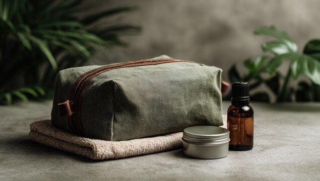 Olive-green canvas toiletry bag with leather trim sits on a beige towel beside a small tin and amber glass bottle, set against a dark gray textured background and tropical foliage