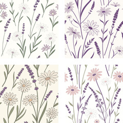 Seamless pattern of daisies and lavender, SVG vector illustration, pastel color palette, tileable design, transparent background