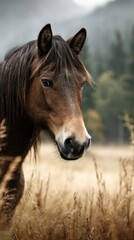 Obraz premium Majestic horse stands gracefully in a golden field framed by distant trees during a calm afternoon