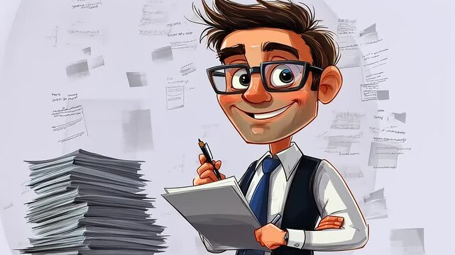 Cartoon character smiling with a notepad amidst a chaotic office environment filled with papers