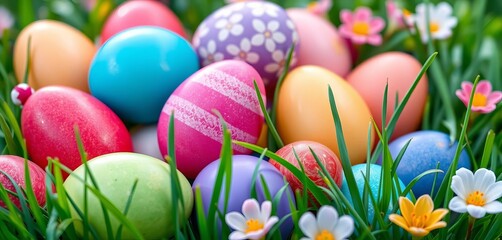 Vibrant Easter eggs in playful stack, nestled amongst spring green grass,  holiday,  nature scene
