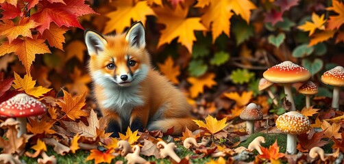 Naklejka premium Playful orange fox kit amidst vibrant autumn leaves and colorful mushrooms, cute, mushrooms