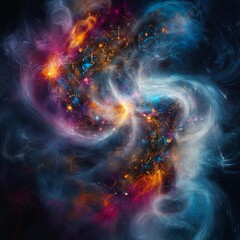 Fototapeta premium Abstract swirling cosmic nebula with vibrant colors and glowing elements in space.
