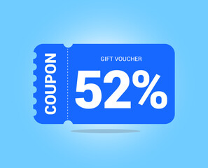52% coupon promotion sale. Fifty two percent Vector Gift Voucher. Blue discount, lucky ticket, special offer promo. Web, shopping label, percent sign. Special price offers.