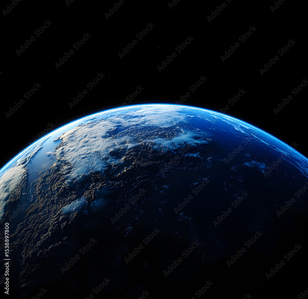 Wall mural a wide-angle view of earth from space, with one hemisphere illuminated by a soft blue glow and the r