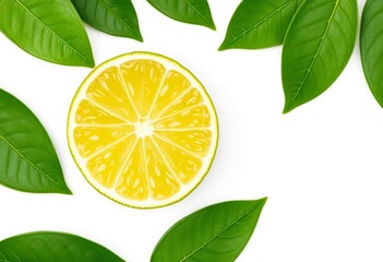 Vibrant lime slice with lush green leaves, isolated on white  Tropical, raw, vegetarian,   acidic,   organic