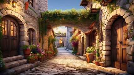 Fototapeta premium Charming Medieval Town Scene Cobblestone Street with Archway, Lush Greenery, Stone Buildings, Warm Evening Light, and Picturesque European Village Ambiance