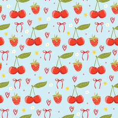 Seamless vector summer pattern with strawberries, cherries, flowers, bows, and hearts. Pastel blue cute girly background.