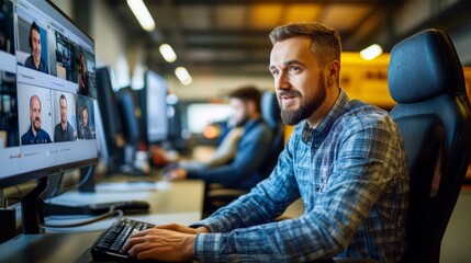 Fototapeta premium A project manager having a video call with remote consultants while sitting with the logistics team on-site 