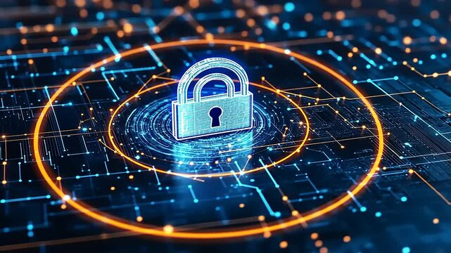 Digital security concept with a glowing padlock surrounded by data connections and circuits - Powered by Adobe