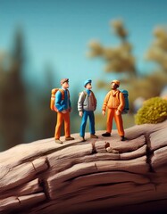 Three miniature hikers standing on a log, ready for adventure, exploring nature, outdoor travel and exploration concepts