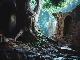 Deep in a mystical jungle, a massive tree bursts through collapsed temple walls, roots entrenched in ancient stones