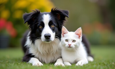 Obraz premium Alert Border Collie and Pure White Kitten Gazing Happily in a Blurred Garden with Copy Space