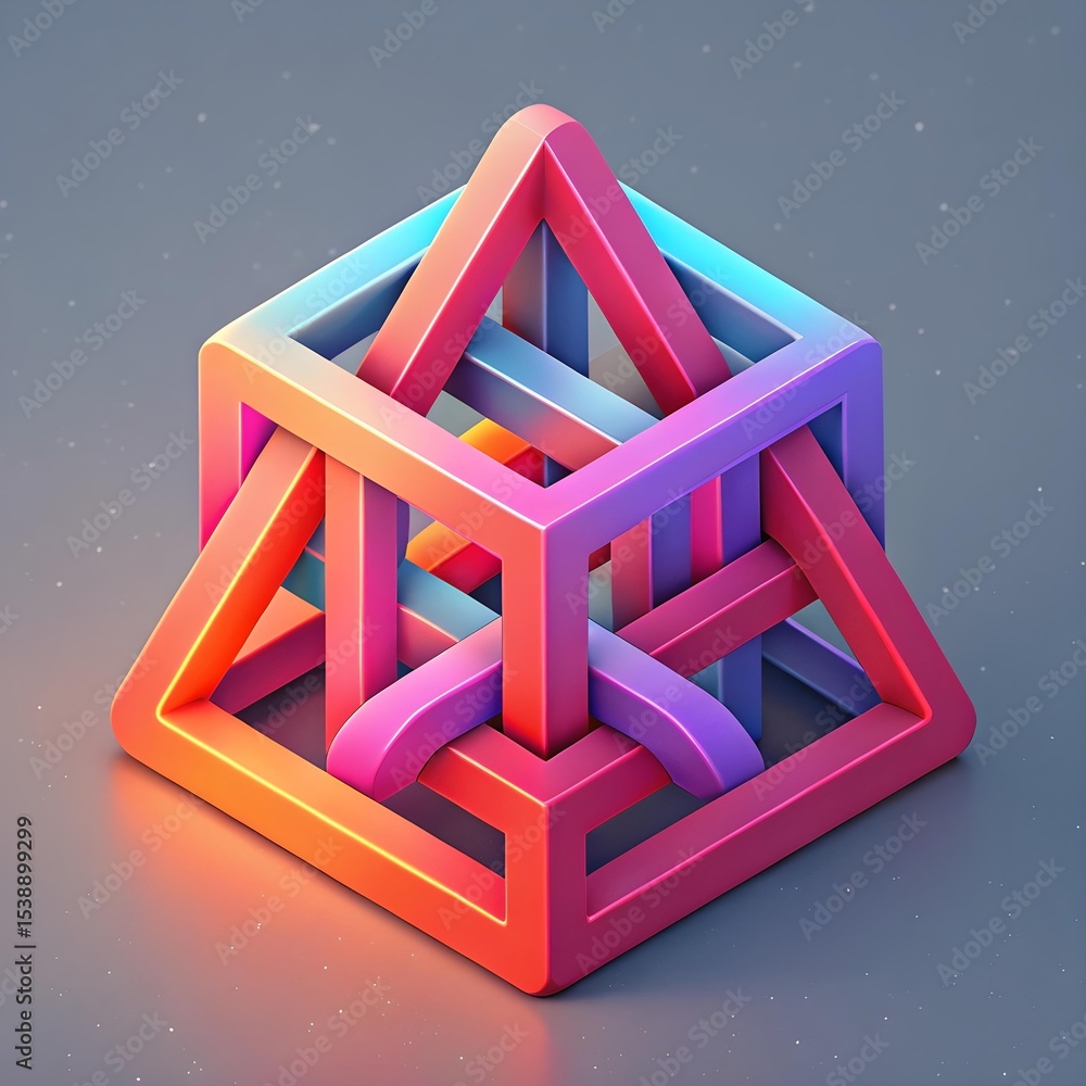 Poster vivid 3d geometric cube abstract art design with interlocking triangles and vibrant colors