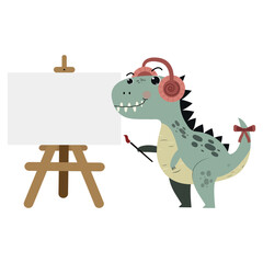 Cute dinosaur drawing with easel and brush. Flat vector