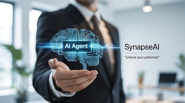 Man presenting ai agent brain hologram with synapseai company logo