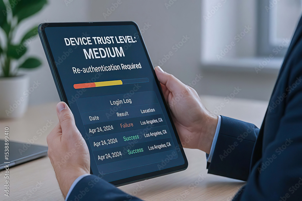 Poster device trust level medium displayed on digital tablet screen, re authentication required, login log 