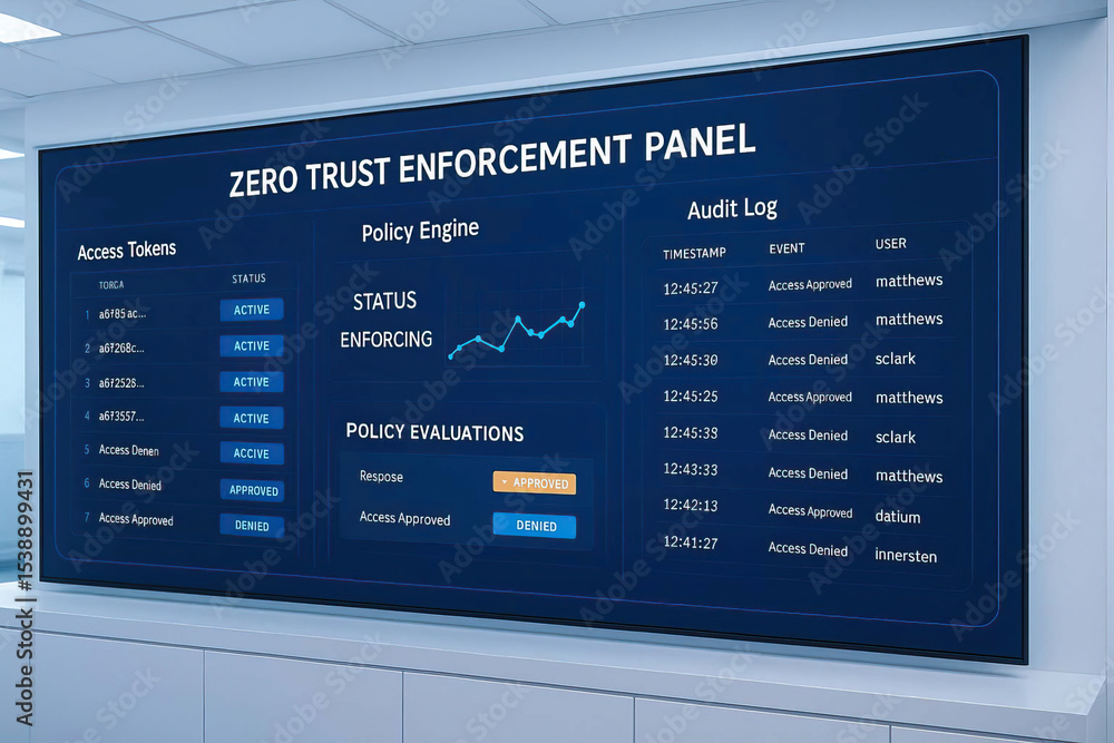 Poster zero trust enforcement panel cybersecurity dashboard access tokens policy engine audit log digital s