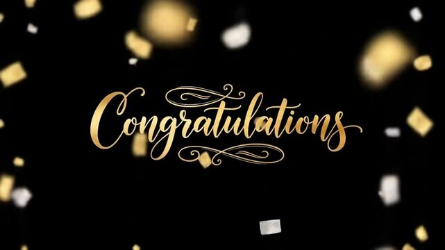 Elegant golden congratulations text with falling confetti on black background celebration theme
