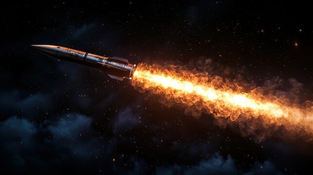 Missile in fiery launch, space backdrop