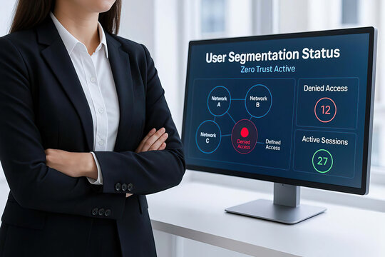 Businesswoman standing with arms crossed in front of computer monitor displaying user segmentation status, network security, denied access, and active sessions in modern office