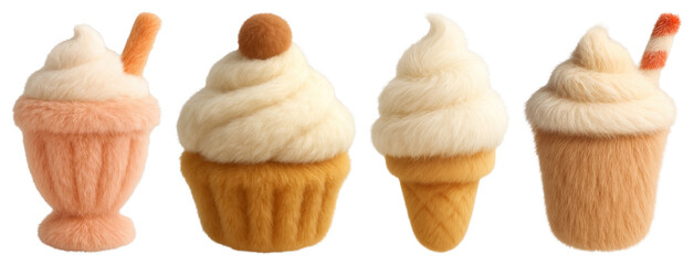 PNG Furry dessert-themed plush toys, element set on transparent background