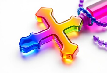 Vibrant rainbow plastic & glass cross, electric blue, magenta hues Fashion accessory White background,   style,   blue