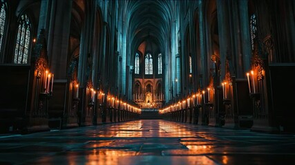 A gothic cathedral interior lit by candles dramatic shadows dark romantic atmosphere 