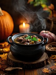 Warm and hearty autumn-themed soup with pumpkin, vegetables, and fall flavors