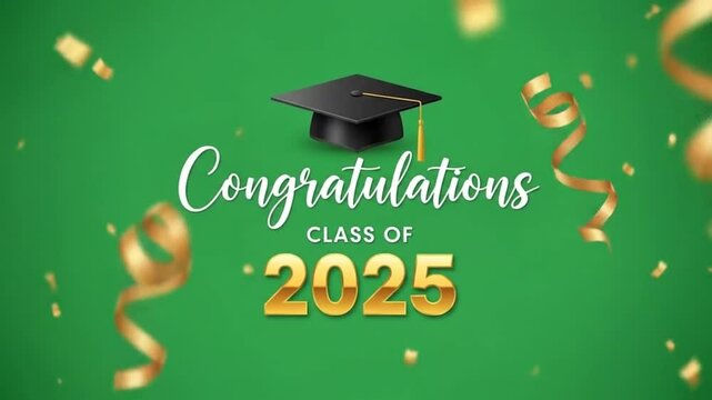 Congratulations class of 2025 graduation celebration with confetti and caps on green background