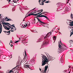 Seamless pattern of telescope fish on pink background, watercolor illustration, print for fabric and other surfaces.