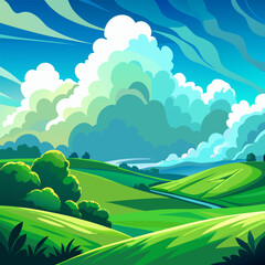 Obraz premium Vibrant Lush Green Hills and Rolling Landscape Vector Design Illustration